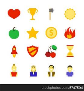 Retro 8-bit games color icons set with trophy symbols and character avatars isolated vector illustration