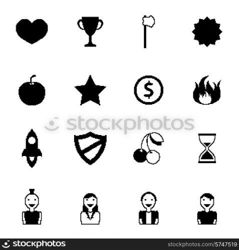 Retro 8 bit games icons black set with pixel people weapon and awards isolated vector illustration