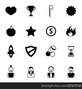 Retro 8 bit games icons black set with pixel people weapon and awards isolated vector illustration