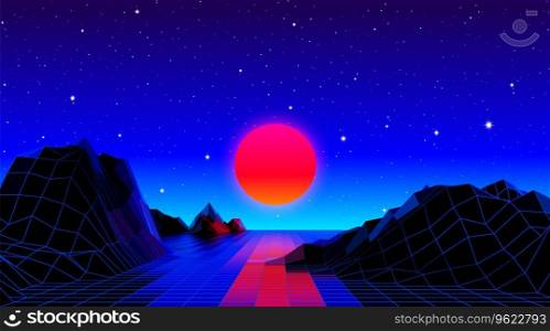 Retro 80s styled futuristic landscape with red neon sun over the horizon and polygonal shiny grid for party poster, flyer or mix cover
