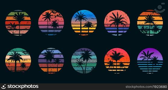 Retro 80s sunsets with palm trees silhouettes for t-shirt prints. Vintage surf design. Tropic summer sundown or sunrise gradient vector set. Ocean beach with tropical leaves and sunset. Retro 80s sunsets with palm trees silhouettes for t-shirt prints. Vintage surf design. Tropic summer sundown or sunrise gradient vector set