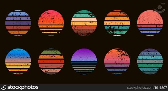 Retro 90s abstract ocean sunset circle badges. Surf beach graphic sunrise with gradient and grunge texture. Neon vintage sunset vector set. Round emblems with sea and tropical sunlight. Retro 90s abstract ocean sunset circle badges. Surf beach graphic sunrise with gradient and grunge texture. Neon vintage sunset vector set