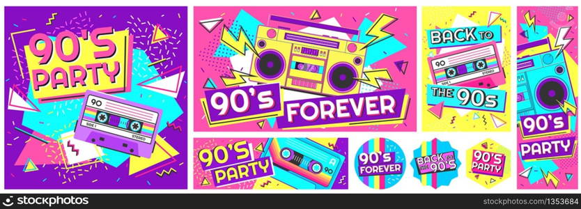 Retro 90s music party poster. Back to the 90s, nineties forever banner and retro funky pop radio badge vector illustration set. Music cassette 90s, trendy sound flyer. Retro 90s music party poster. Back to the 90s, nineties forever banner and retro funky pop radio badge vector illustration set