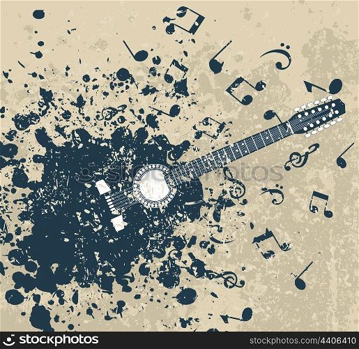 Retro a guitar. Guitar on a retro a background with notes. A vector illustration