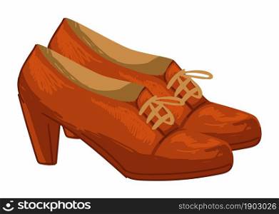 Retro accessories for ladies, isolated vintage red boots with laces and high heels. Model of trendy clothes and old fashioned clothing for girls. Footwear shoes for autumn. Vector in flat style. Vintage female boots with lace and high heels