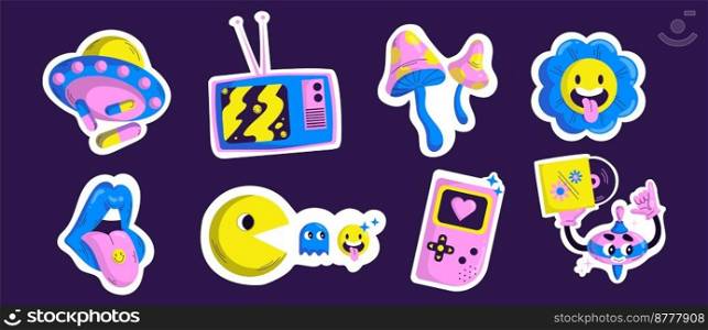 Retro acid psychedelic stickers. Abstract patches with mushrooms, flower, ufo, mouth with tongue, tv set and gameboy, vector cartoon illustration in y2k style. Retro acid psychedelic stickers in y2k style