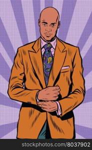 Retro African American businessman in elegant suit pop art retro vector. Bald man. Retro African American businessman in elegant suit