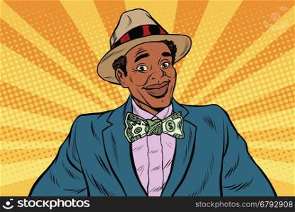 Retro African American businessman with dollar tie, pop art retro vector illustration