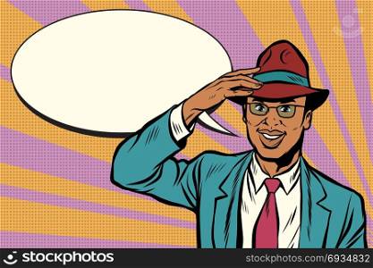 Retro African businessman takes off his hat. Pop art vector illustration. Retro African businessman takes off his hat