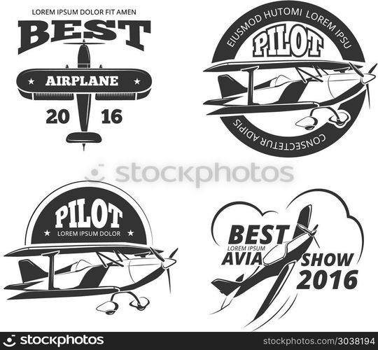 Retro airplane, aircraft vector labels set. Retro airplane, aircraft