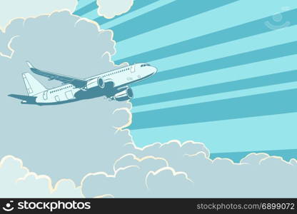 Retro airplane flying in the clouds. Air travel background. Pop art retro vector illustration. Retro airplane flying in the clouds. Air travel background