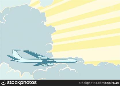 Retro airplane flying in the clouds. Air travel background. Pop art retro vector illustration. Retro airplane flying in the clouds. Air travel background