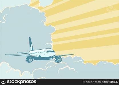 Retro airplane flying in the clouds. Air travel background. Pop art retro vector illustration. Retro airplane flying in the clouds. Air travel background