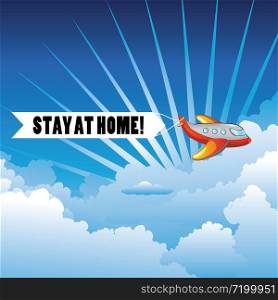 Retro airplane with stay at home banner in the sky.