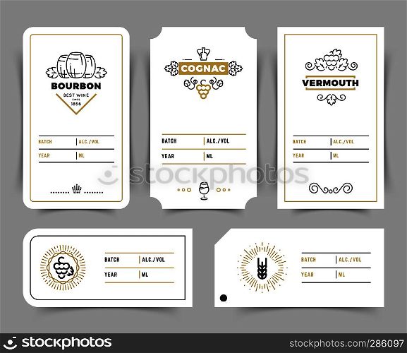 Retro alcohol drink vector emblems. Vintage bourbon, whiskey and brandy labels. Vermouth and cognac card emblem illustration. Retro alcohol drink vector emblems. Vintage bourbon, whiskey and brandy labels