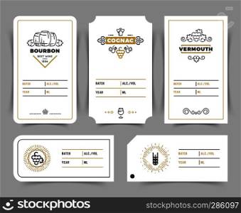 Retro alcohol drink vector emblems. Vintage bourbon, whiskey and brandy labels. Vermouth and cognac card emblem illustration. Retro alcohol drink vector emblems. Vintage bourbon, whiskey and brandy labels