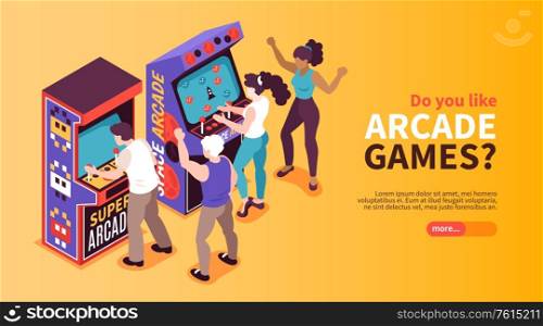 Retro amusement arcade game machines online entertainment horizontal isometric web banner with playing people background vector illustration