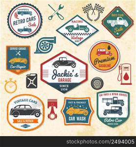 Retro and old car repair shops labels set isolated vector illustration. Retro Car Labels