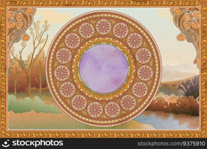 Retro and romantic frame and background with mosaic art on nature scenery. Retro and romantic background