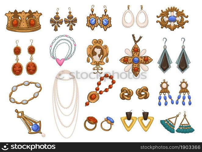 Retro and vintage accessories and jewelry for ladies, isolated earrings and necklace, brooches and bracelets, pendants and charms. Gold and silver treasures for noble people. Vector in flat style. Vintage and retro jewelry and accessories ladies