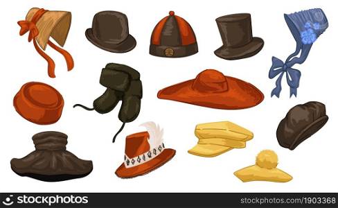 Retro and vintage headwear for men and women, isolated caps worn in different countries during old times. Chinese and baroque design, simple accessory clothes of 70s and 60s. Vector in flat style. Vintage headwear of different cultures and years