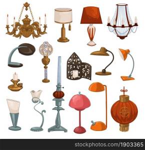 Retro and vintage lamps and sources of lights, isolated chandelier with candles, lampshade of 50s. Red chinese and modern bulbs. Decoration and furniture for home interior. Vector in flat style. Vintage and retro lamps and lampshades, vector