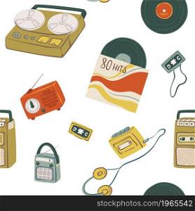 Retro and vintage music records, recorders and players. Isolated magnetophone with tape, cassette and walkman with headphones. Old radio. Seamless pattern, background or print, vector in flat style. Vintage and retro music players and records vector