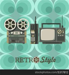 Retro appliances. Old reel tape recorder, TV and outdated cordless phone. Retro background.