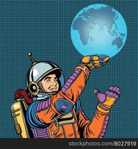 Retro astronaut is holding the planet Earth on hand pop art retro vector. Caring for the planet. Earth day and the day of environmental protection. Retro astronaut is holding the planet Earth on hand