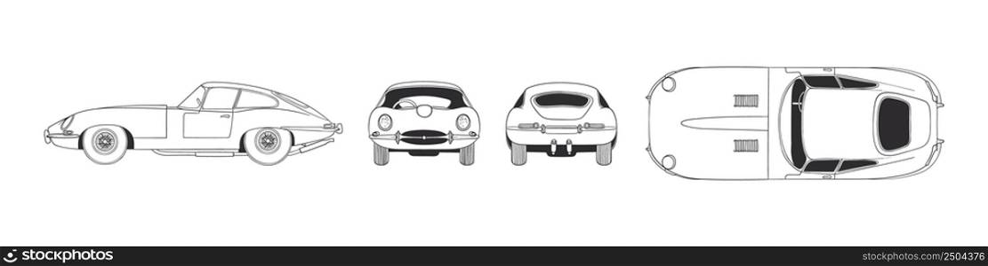 Retro automobile. Hand drawn car front back top and side view. Vector illustration