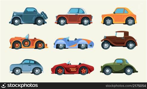 Retro automobiles. Urban racing transportation vintage style vehicles garish vector colored pictures isolated on white. Illustration retro vehicle automobile for transportation. Retro automobiles. Urban racing transportation vintage style vehicles garish vector colored pictures isolated on white
