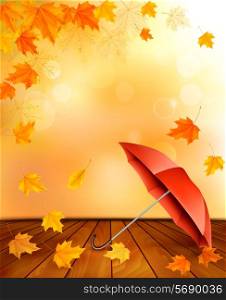 Retro autumn background with colorful leaves and an umbrella. Vector.