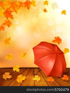 Retro autumn background with colorful leaves and an umbrella. Vector.