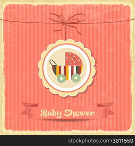 retro baby shower card with stroller, vector format