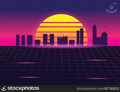 retro background 80s style sun with digital retro style tall buildings cyber grid neon texture ,Vector