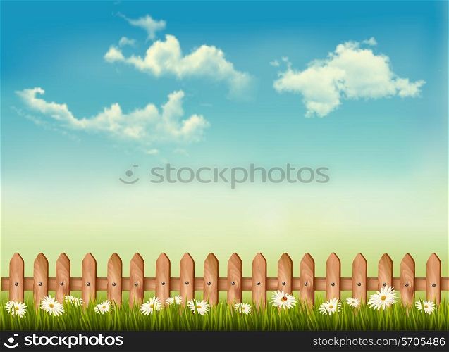 Retro background with a fence, grass, sky and flowers. Vector.