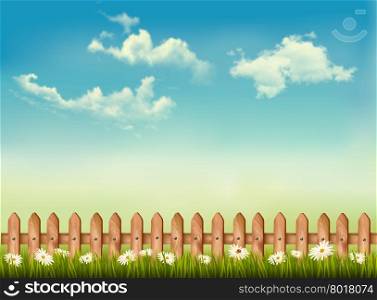 Retro background with a fence, grass, sky and flowers. Vector.