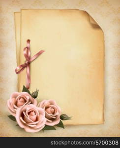 Retro background with beautiful pink rose and old paper. Vector illustration.