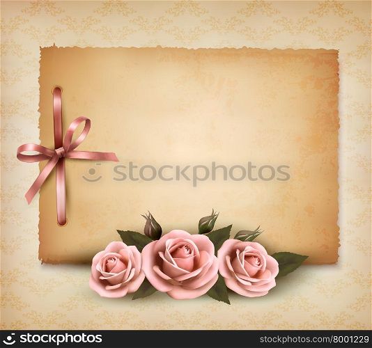 Retro background with beautiful pink rose and old paper. Vector illustration.