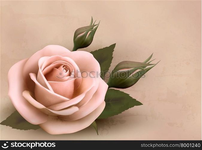 Retro background with beautiful pink rose with buds. Vector illustration.
