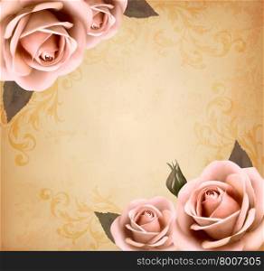 Retro background with beautiful pink roses with buds. Vector illustration.