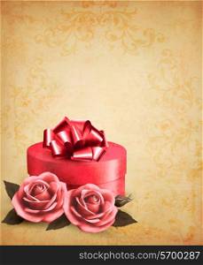 Retro background with beautiful red roses and gift box. Vector illustration.