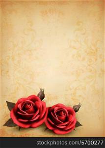 Retro background with beautiful red roses with buds. Vector illustration.