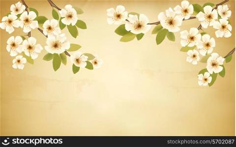 Retro background with blossoming tree brunch and white flowers. Vector.