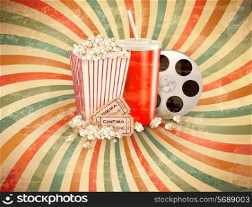 Retro background with Popcorn and a drink. Vector illustration