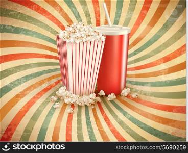 Retro background with Popcorn and a drink. Vector illustration.