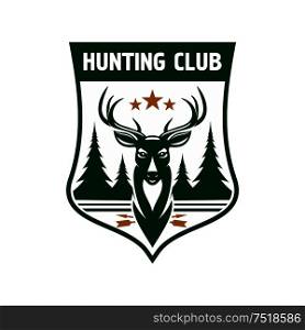 Retro badge for hunting club design. Dark green medieval shield with head of a deer crowned by stars and silhouettes of fir trees on the horizon. Hunting club badge design with deer head on shield