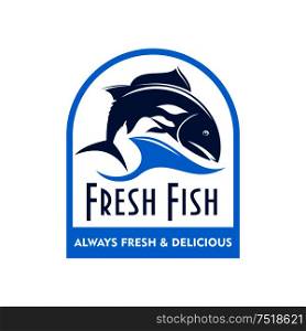 Retro badge of blue silhouette of salmon swimming in sea waves with caption Fresh Fish. Great for food packaging design. Blue badge of salmon in wave with text Fresh Fish