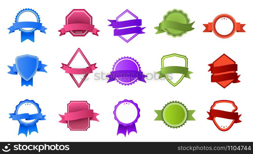 Retro badges with ribbon banners. Vintage color label, stamp frame and modern badge flat vector set. Collection of multicolored stamps and logos on white background. Logotypes with curved banderole. Retro badges with ribbon banners. Vintage color label, stamp frame and modern badge flat vector set. Collection of colorful logos on white background. Logotypes design with banderole