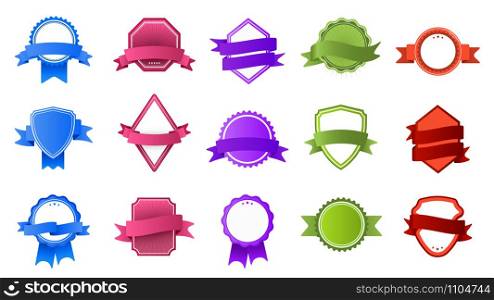 Retro badges with ribbon banners. Vintage color label, stamp frame and modern badge flat vector set. Collection of multicolored stamps and logos on white background. Logotypes with curved banderole. Retro badges with ribbon banners. Vintage color label, stamp frame and modern badge flat vector set. Collection of colorful logos on white background. Logotypes design with banderole
